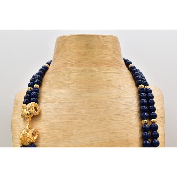 KJL Avon Vintage Beaded Necklace Ram Gold Navy Blue Beaded Chunky Signed Bin6B - Picture 2 of 12